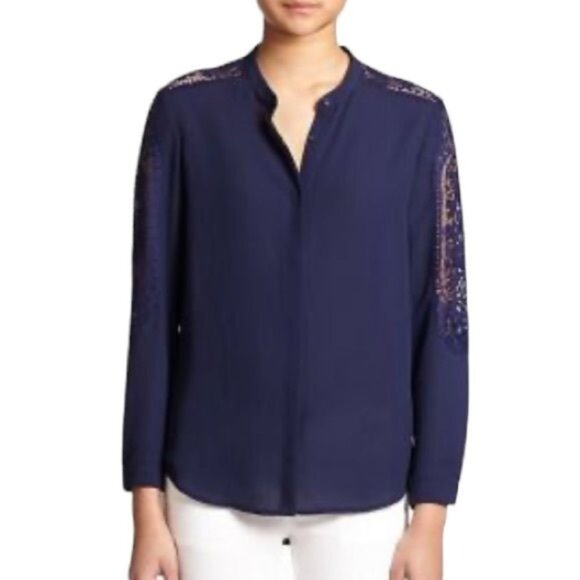 The Kooples Women's Extra Small Blue Lace Insert Long Sleeve Button Up Shirt - Picture 1 of 8